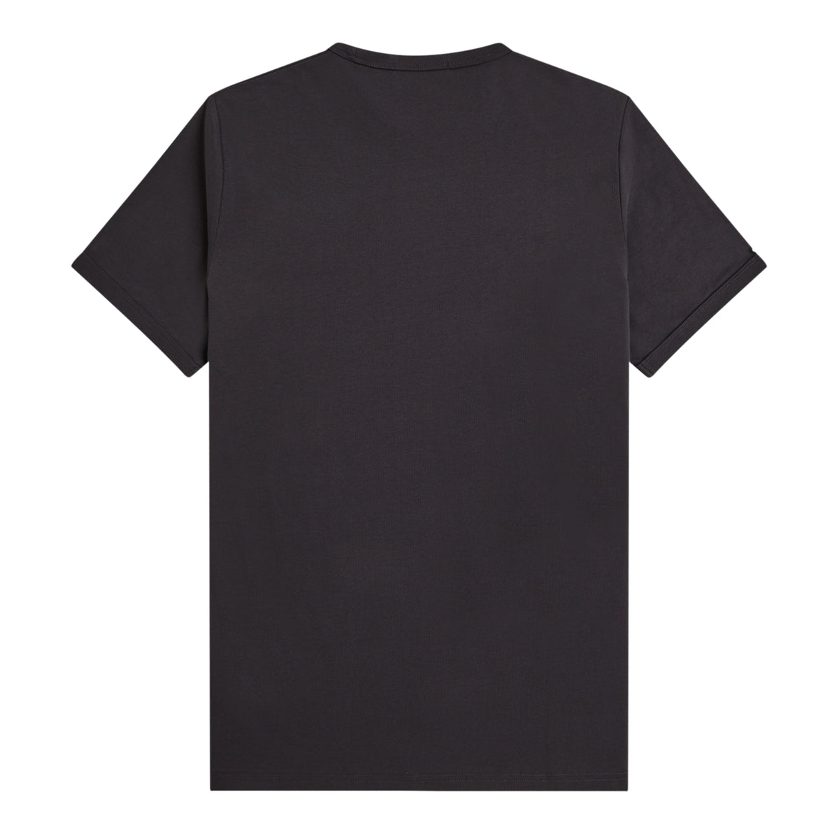T-shirt de manga curta para homem Fred Perry Ringer T-Shirt em Anchor Grey — flat lay de costas, jersey cinzento carvão Anchor Grey, gola redonda canelada em contraste escuro, costas lisas sem gráfico, manga curta com punho dobrado, barra direita, fundo branco.