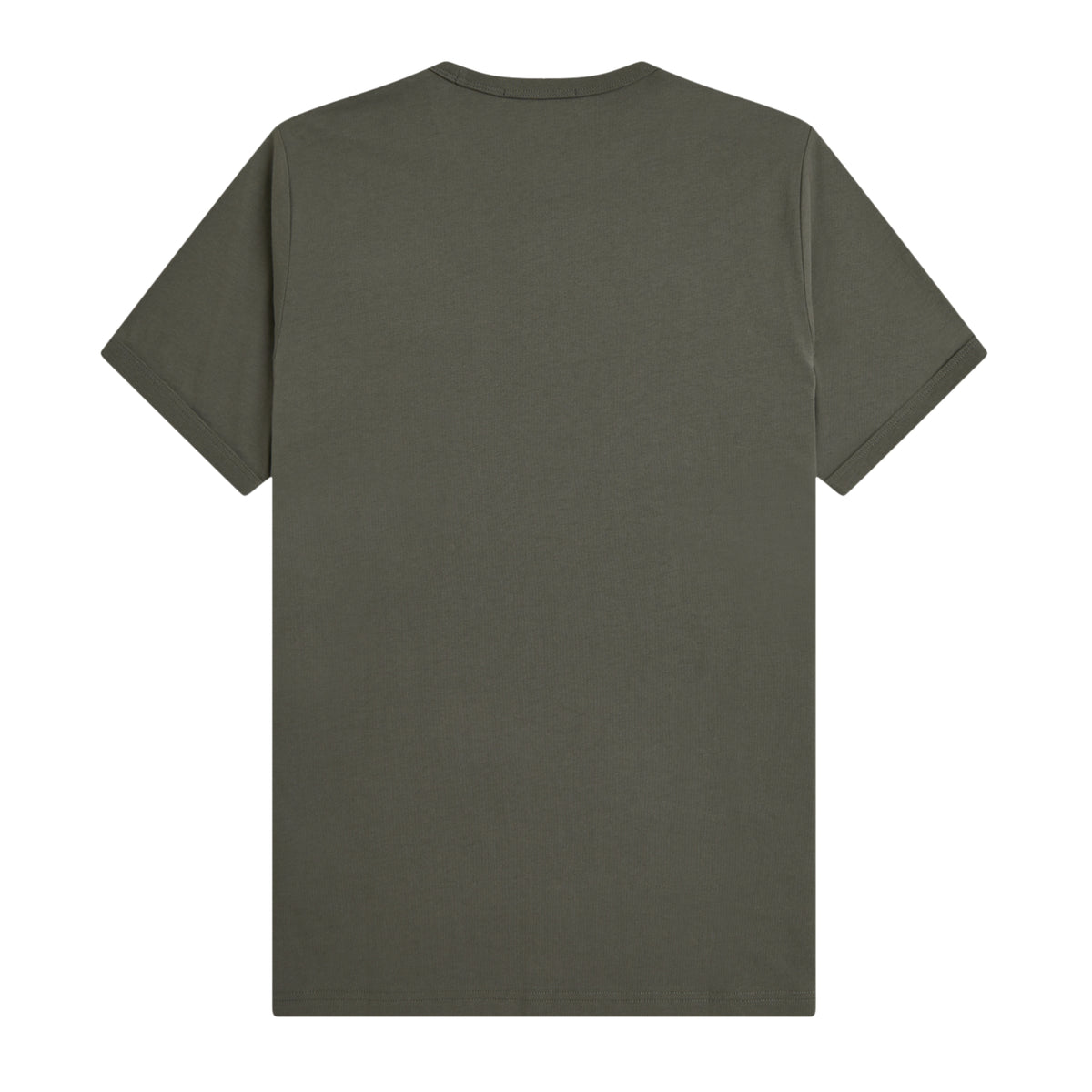 T-shirt de manga curta para homem Fred Perry Ringer T-Shirt em Field Green — flat lay de costas, jersey verde-musgo Field Green, gola redonda canelada em contraste escuro, costas lisas sem gráfico, manga curta com punho dobrado, barra direita, fundo branco.