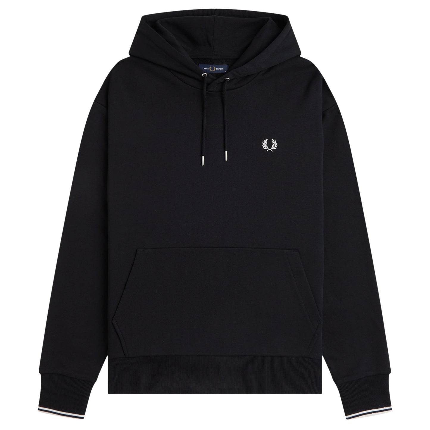 Sweat com carapuço Fred Perry Tipped Hooded Sweatshirt em Black — produto sem modelo, vista traseira, costas limpas, capota e nervuras na parte inferior com twin tipping nos punhos visíveis.

