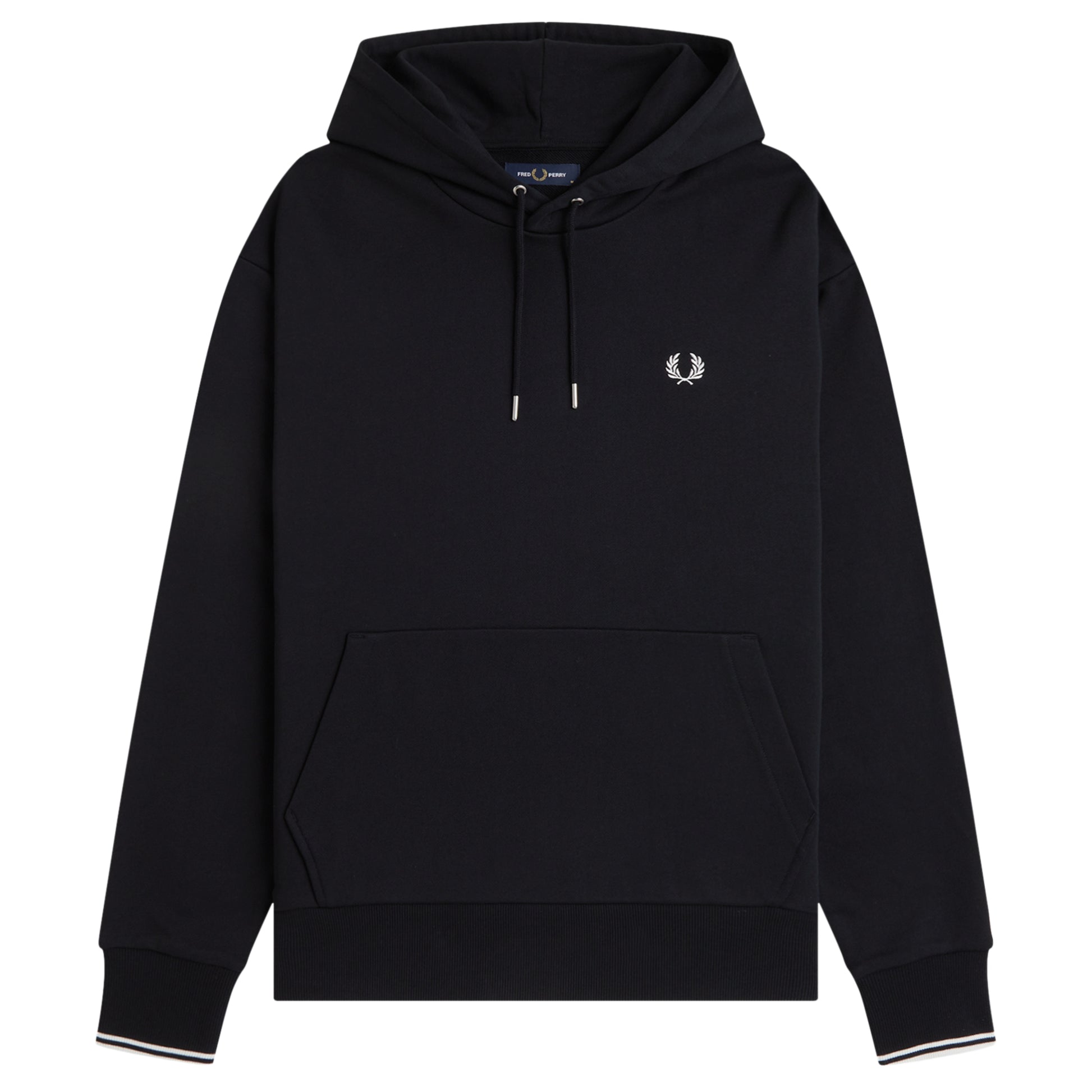 Sweat com carapuço Fred Perry Tipped Hooded Sweatshirt em Black — produto sem modelo, vista traseira, costas limpas, capota e nervuras na parte inferior com twin tipping nos punhos visíveis.
