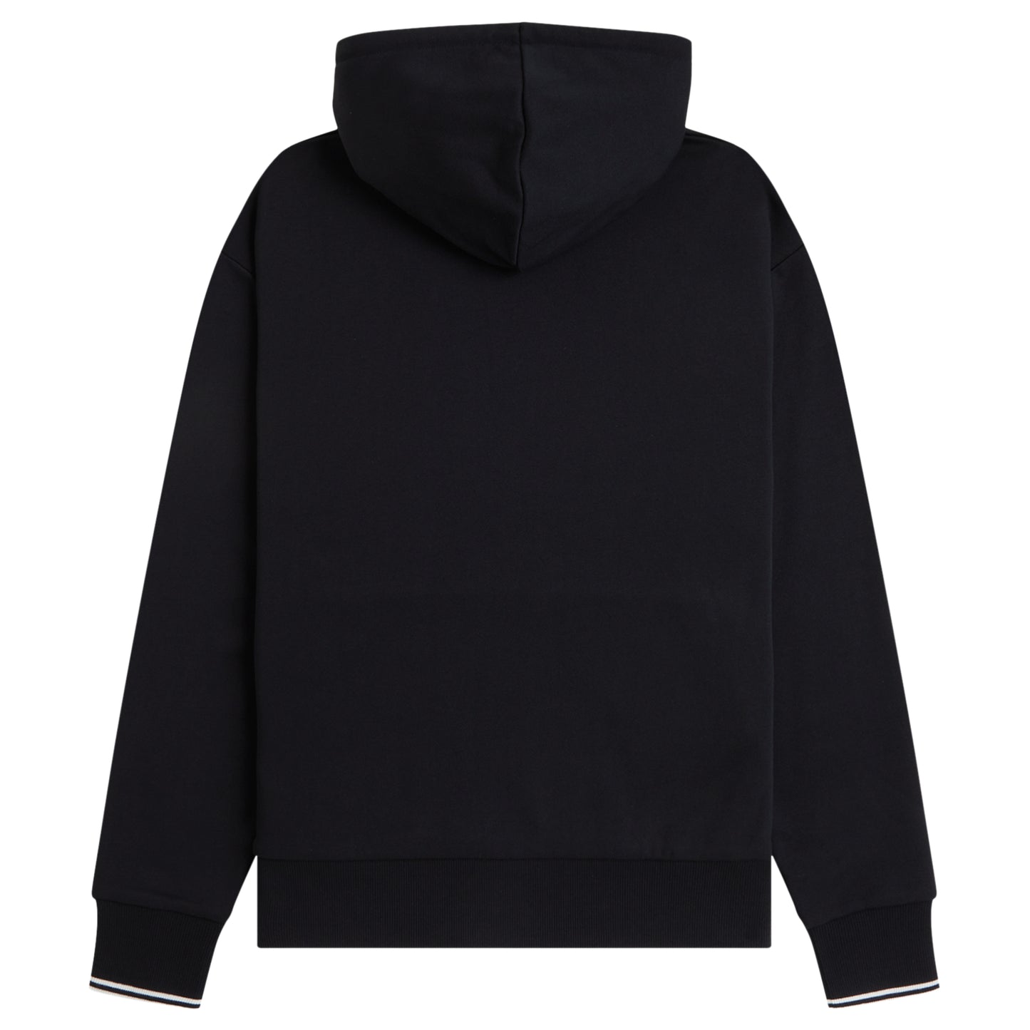 Sweat com carapuço Fred Perry Tipped Hooded Sweatshirt em Black — detalhe do bordado Laurel Wreath no peito esquerdo sobre fundo Black, textura do algodão sweat visível.
