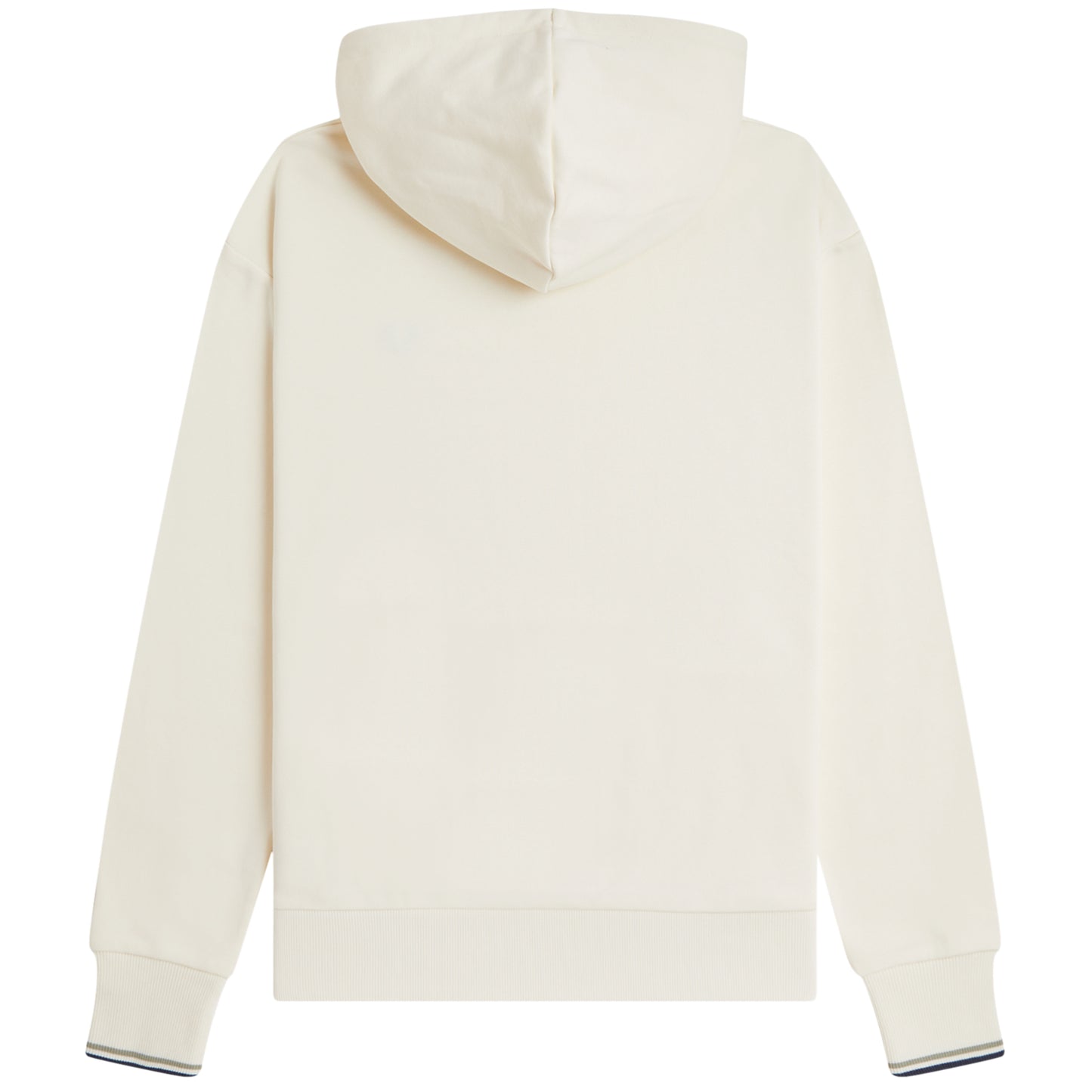 Sweat com carapuço Fred Perry Tipped Hooded Sweatshirt em Ecru — detalhe do bordado Laurel Wreath no peito esquerdo sobre fundo Ecru, textura do algodão sweat visível.