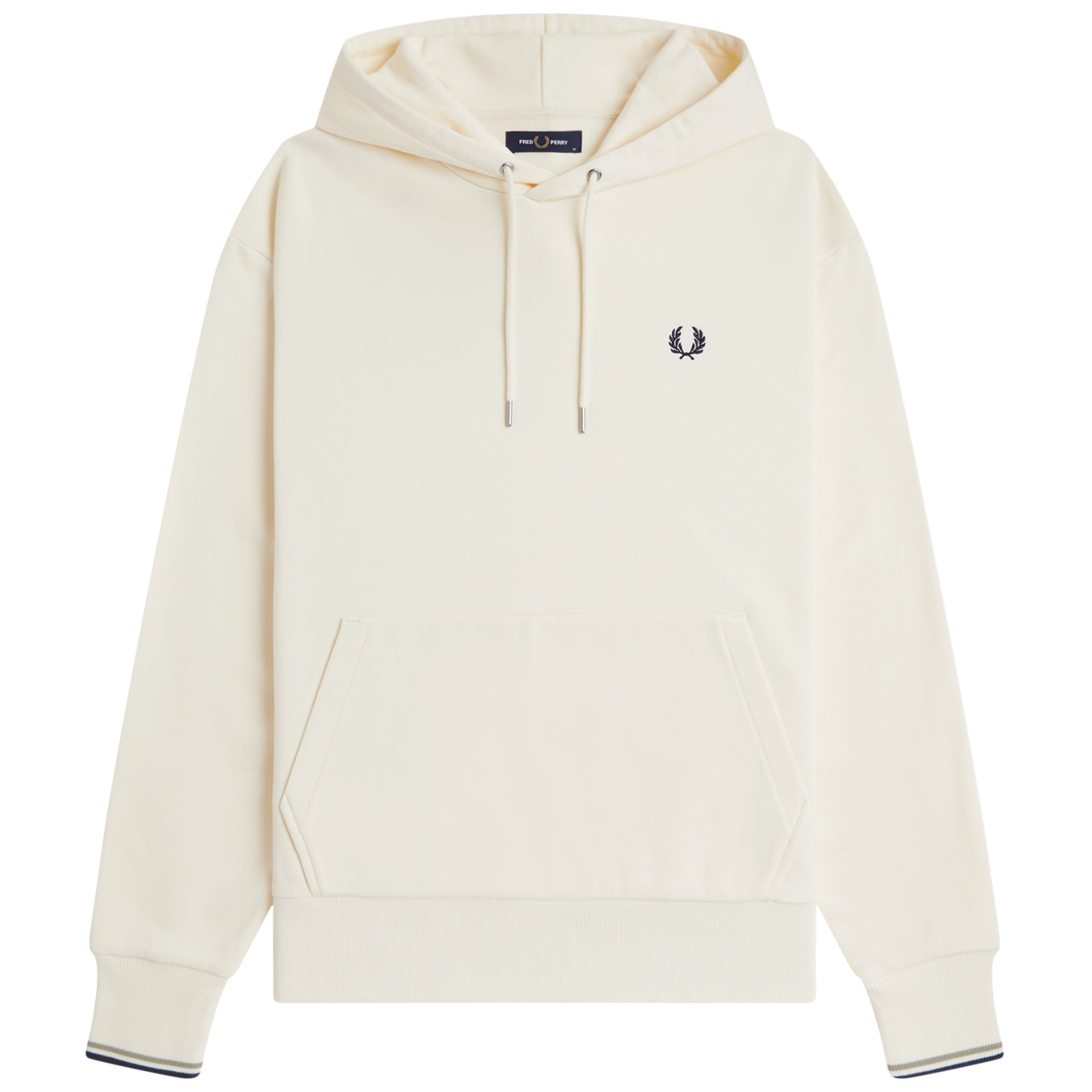 Sweat com carapuço Fred Perry Tipped Hooded Sweatshirt em Ecru — produto sem modelo, vista traseira, costas limpas, capota e nervuras na parte inferior com twin tipping nos punhos visíveis.