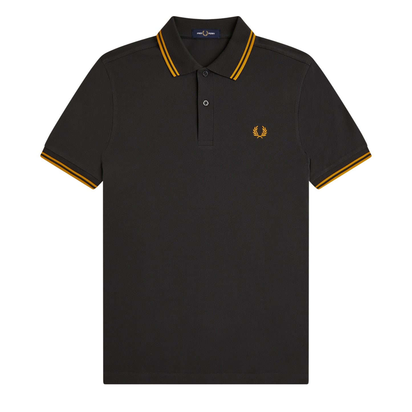 Polo de manga curta para homem Fred Perry Twin Tipped em Cinza Anchor/Golden. Foto da parte da frente.