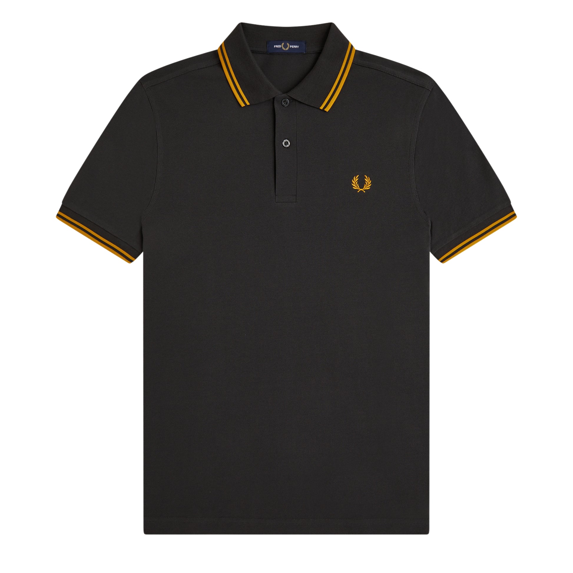 Polo de manga curta para homem Fred Perry Twin Tipped em Cinza Anchor/Golden. Foto da parte da frente.