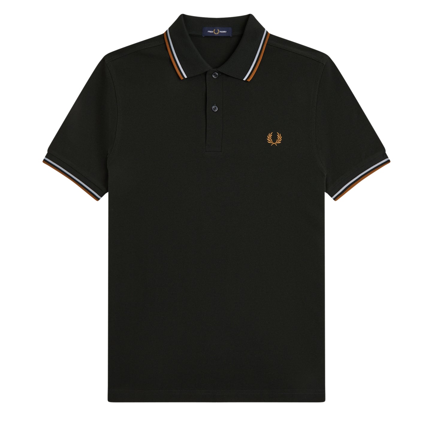 Polo de manga curta para homem Fred Perry Twin Tipped em Night Green / Dusky Blue / Dark Caramel. Foto da parte da frente.