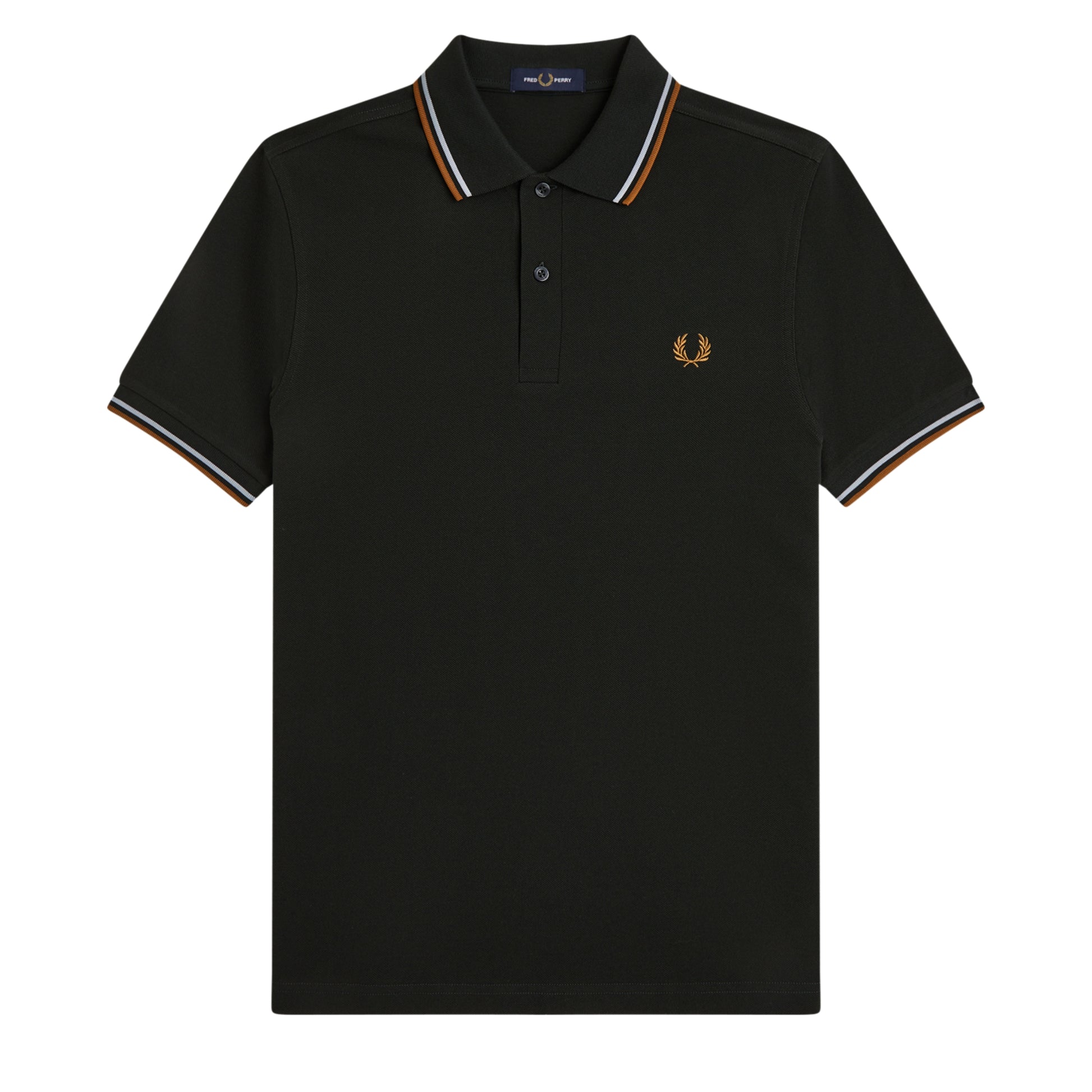 Polo de manga curta para homem Fred Perry Twin Tipped em Night Green / Dusky Blue / Dark Caramel. Foto da parte da frente.
