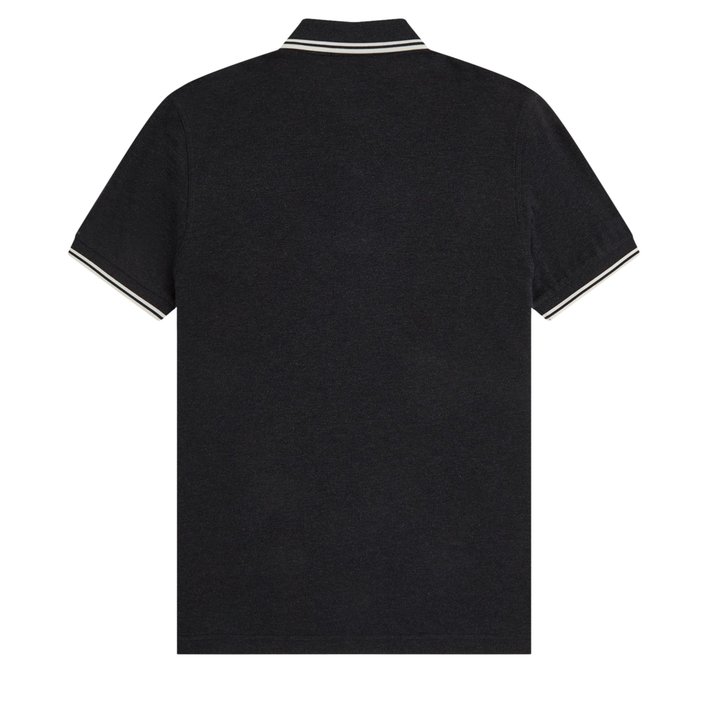 Polo de manga curta Fred Perry M3600 em Charcoal Marl / Ecru / Ecru — produto sem modelo, vista traseira, costas limpas, textura mesclada do Charcoal Marl e twin tipping Ecru nas mangas visíveis.
