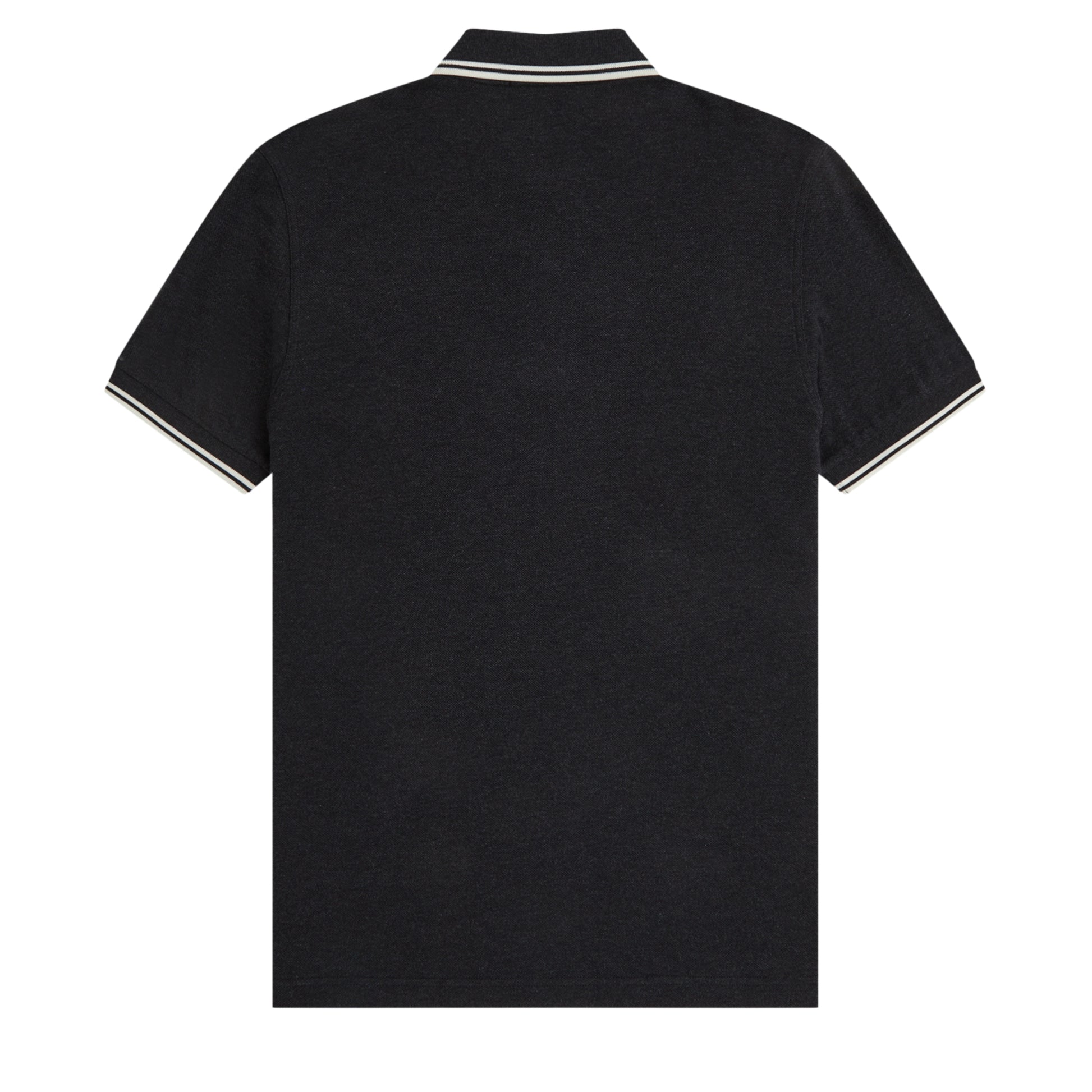 Polo de manga curta Fred Perry M3600 em Charcoal Marl / Ecru / Ecru — produto sem modelo, vista traseira, costas limpas, textura mesclada do Charcoal Marl e twin tipping Ecru nas mangas visíveis.