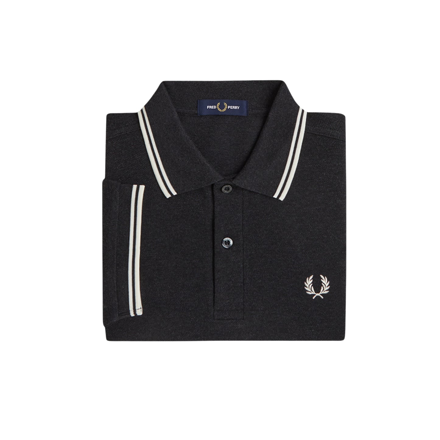 Polo de manga curta Fred Perry M3600 em Charcoal Marl / Ecru / Ecru — polo dobrado, vista frontal, twin tipping Ecru na gola e mangas, bordado Laurel Wreath em Ecru no peito esquerdo e textura mesclada do Charcoal Marl visíveis.
