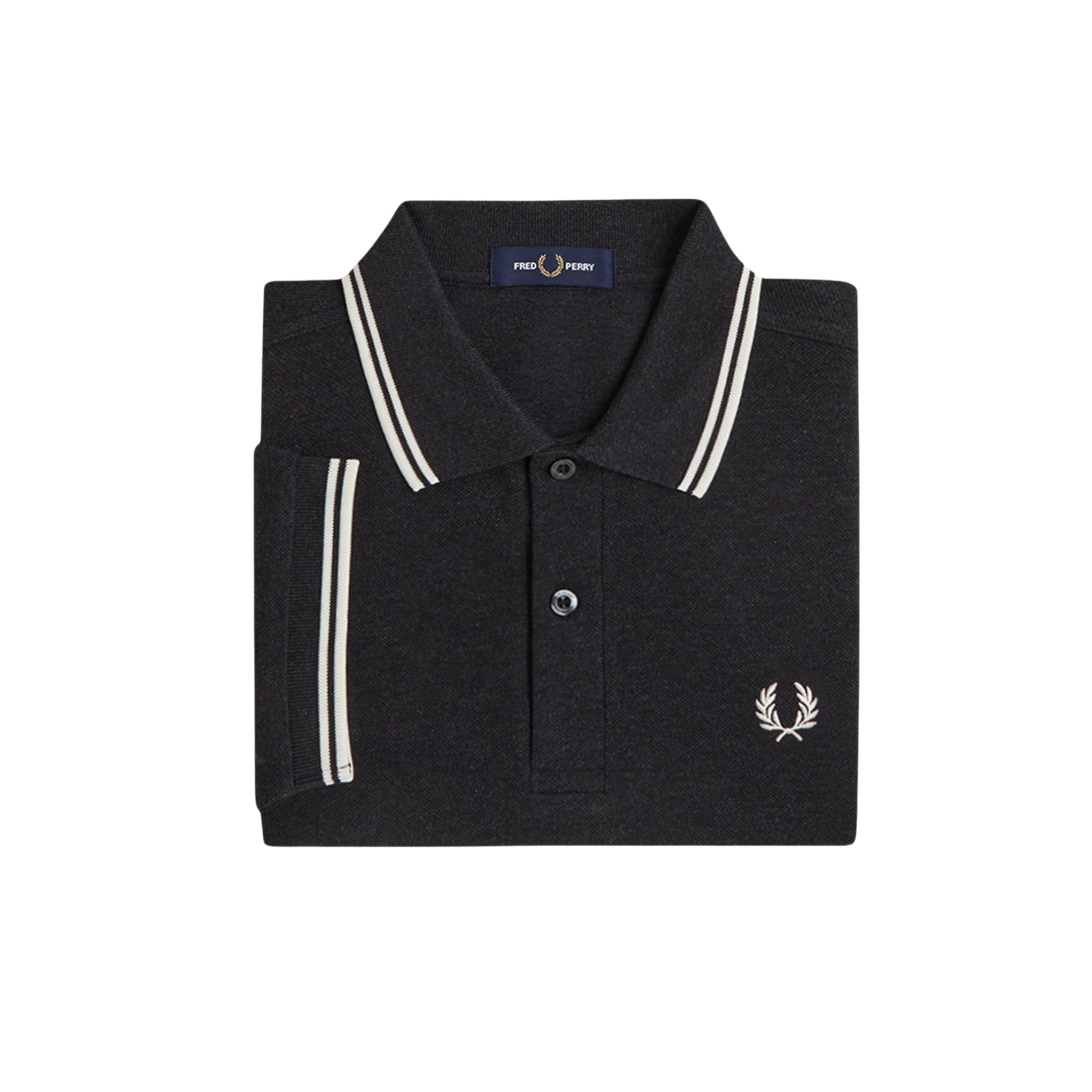 Polo de manga curta Fred Perry M3600 em Charcoal Marl / Ecru / Ecru — polo dobrado, vista frontal, twin tipping Ecru na gola e mangas, bordado Laurel Wreath em Ecru no peito esquerdo e textura mesclada do Charcoal Marl visíveis.