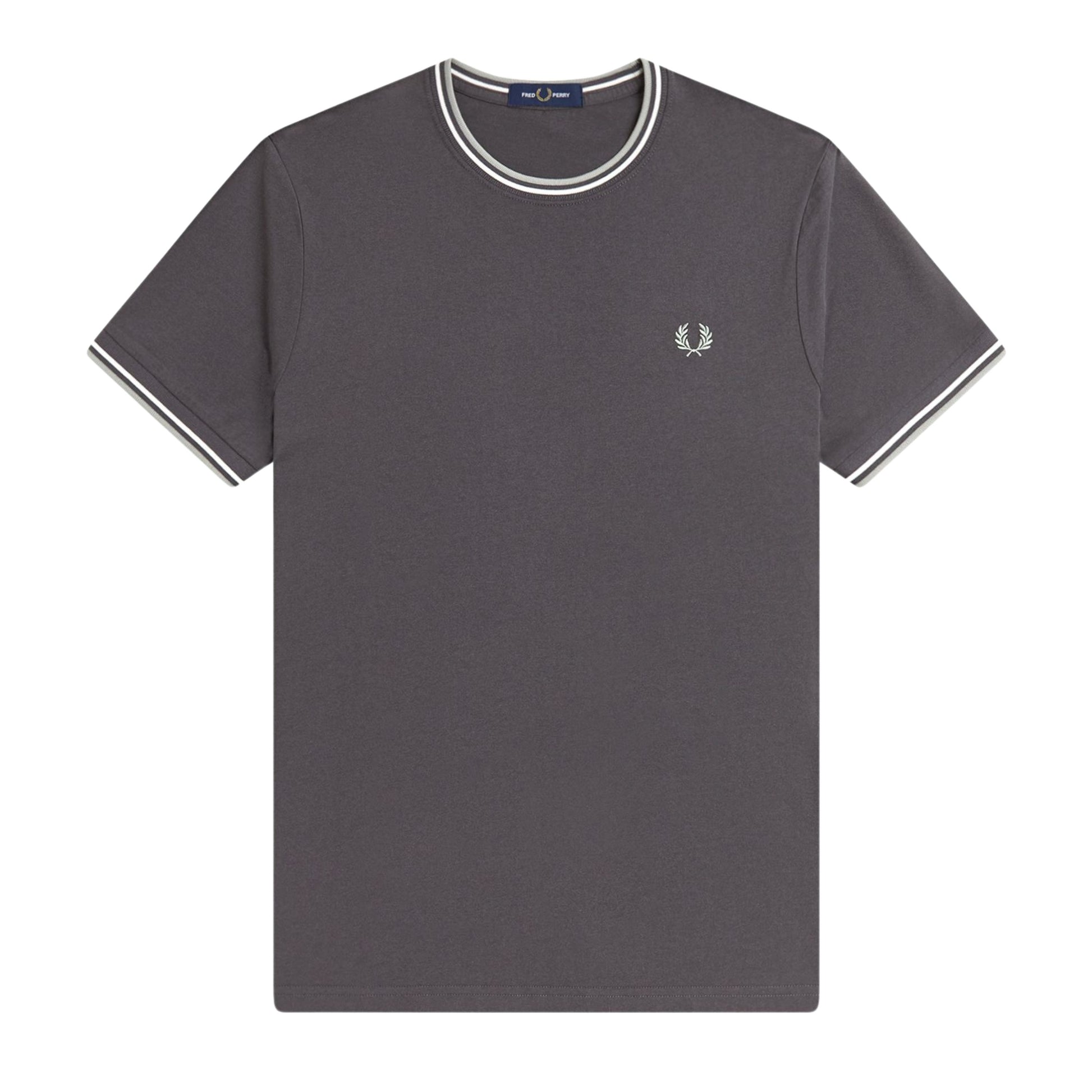 T-Shirt de manga curta para homem Fred Perry Twin Tipped em Cinza Anchor/Ecru/Seagrass. Foto da parte da frente.