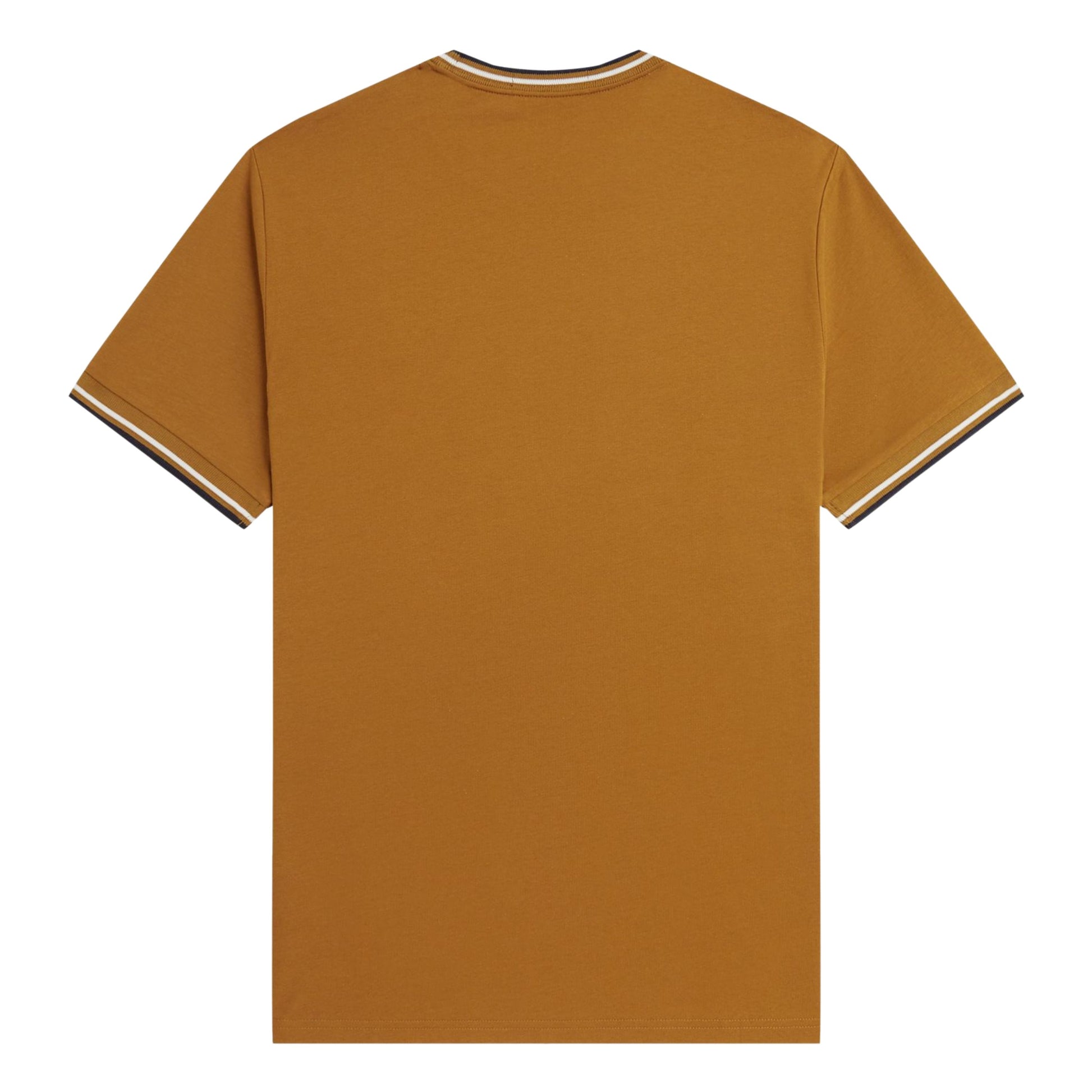 T-Shirt de manga curta para homem Fred Perry Twin Tipped em Dark Caramel/Ecru/Azul Marinho. Foto da parte de trás.