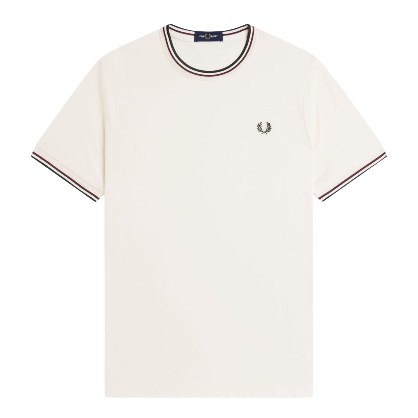 T-Shirt de manga curta para homem Fred Perry Twin Tipped em Ecru/Oxblood/Grassroots. Foto da parte da frente.