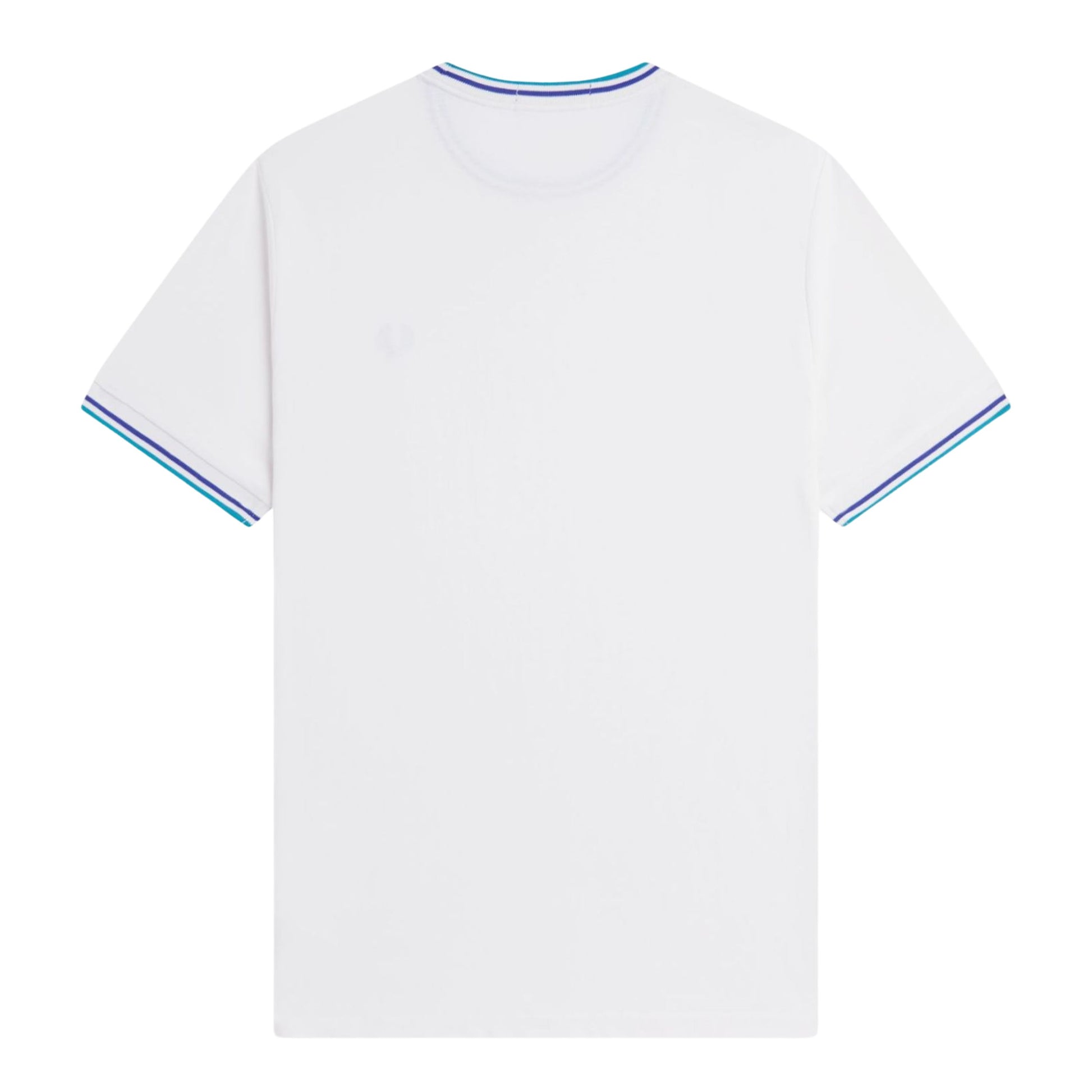 T-Shirt de manga curta para homem Fred Perry Twin Tipped em Snow White/Deep Mint/Soho Eclipse. Foto da parte de trás, vestida.