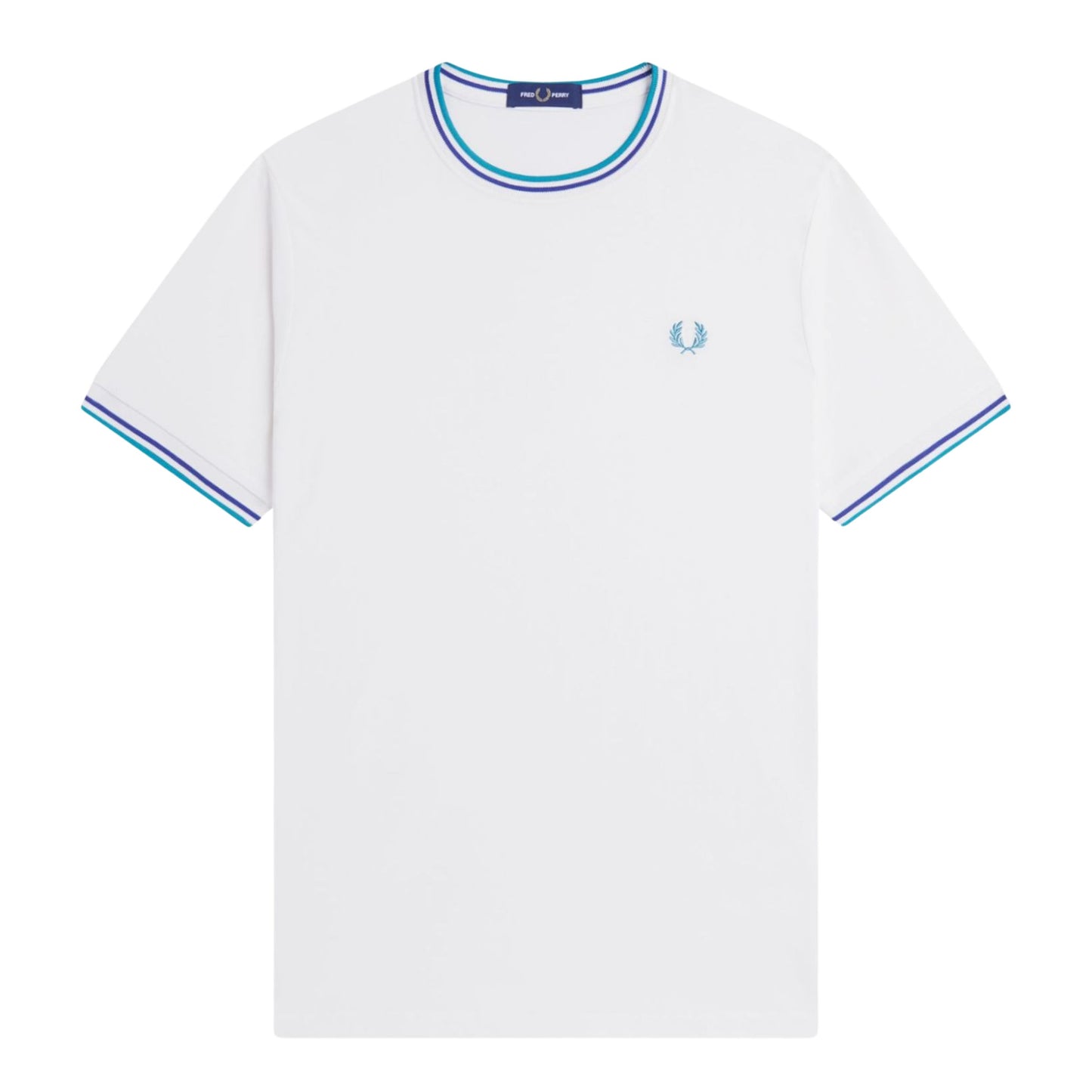 T-Shirt de manga curta para homem Fred Perry Twin Tipped em Snow White/Deep Mint/Soho Eclipse. Foto da parte da frente.