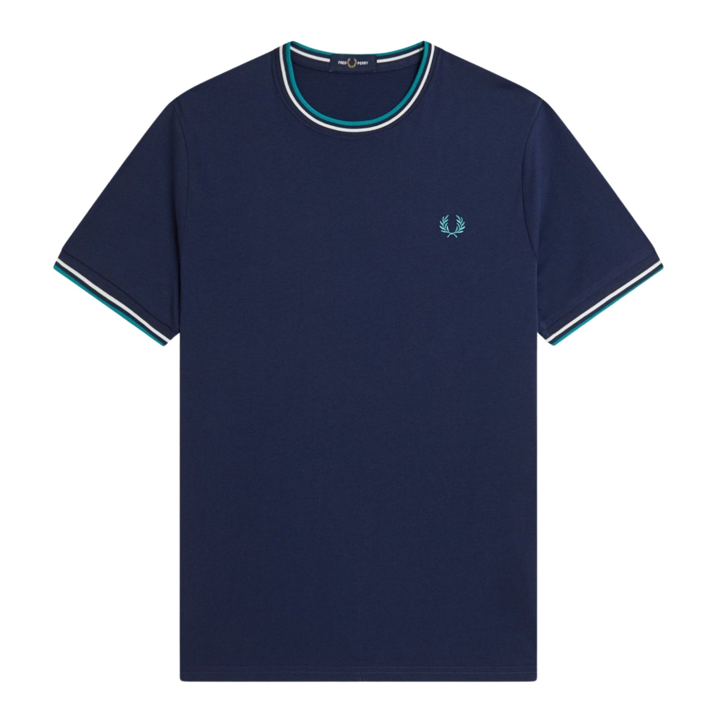 T-Shirt de manga curta para homem Fred Perry Twin Tipped em Azul Tennis/Branco Neve/Deep Mint. Foto da parte da frente.