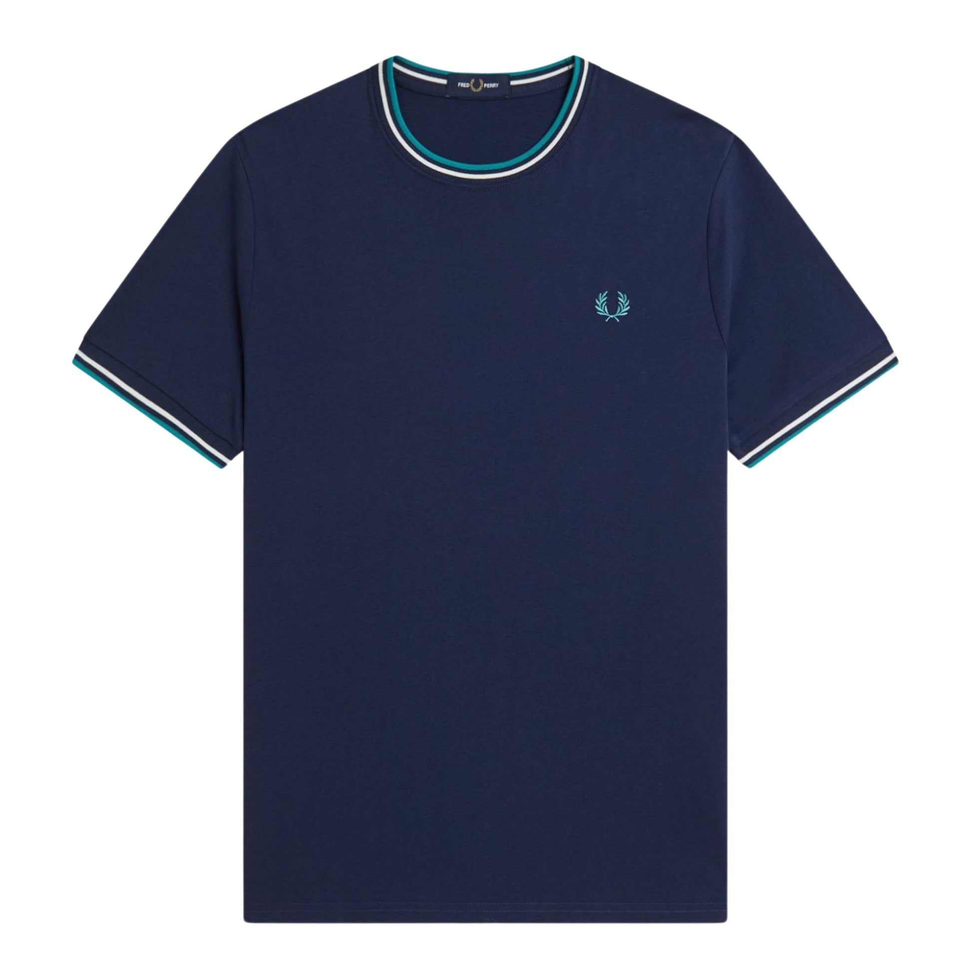 T-Shirt de manga curta para homem Fred Perry Twin Tipped em Azul Tennis/Branco Neve/Deep Mint. Foto da parte da frente.