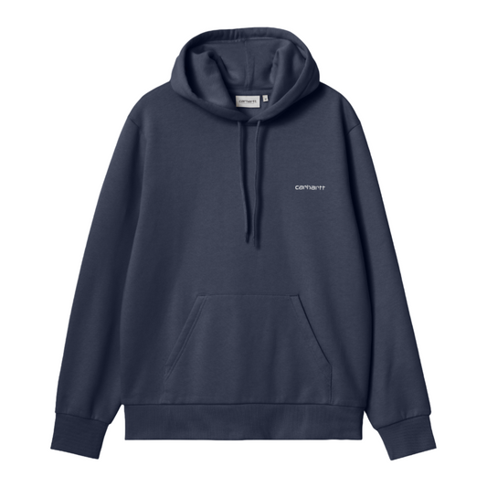 Carhartt WIP Hooded Script Embroidery Sweat Air Force Blue/White. Foto da parte da frente.