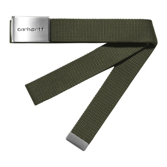 Carhartt WIP Clip Belt Chrome Office Green. Foto do cinto dobrado.