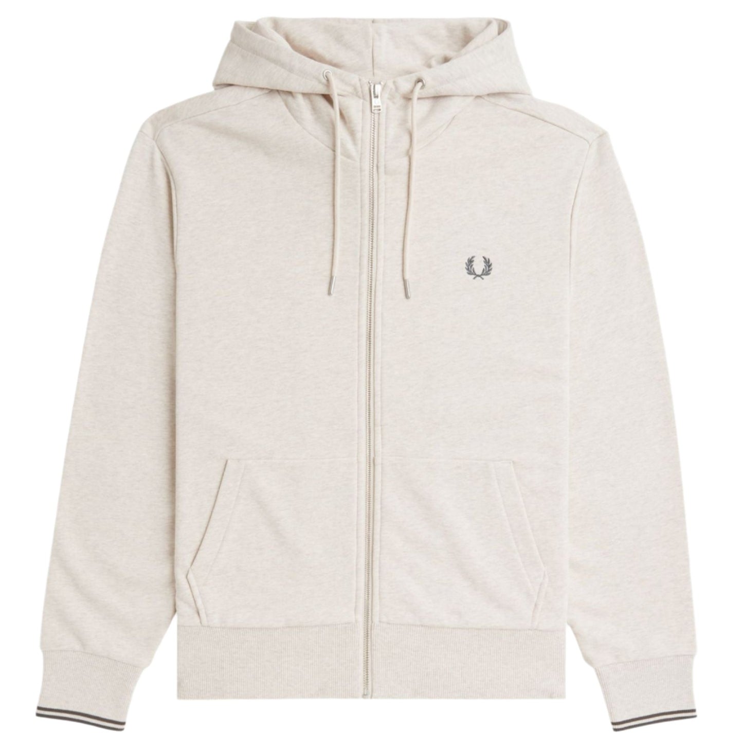 Fred Perry Hooded Zip Through Sweatshirt Porridge Marl/Anchor Grey. Foto da parte da frente.