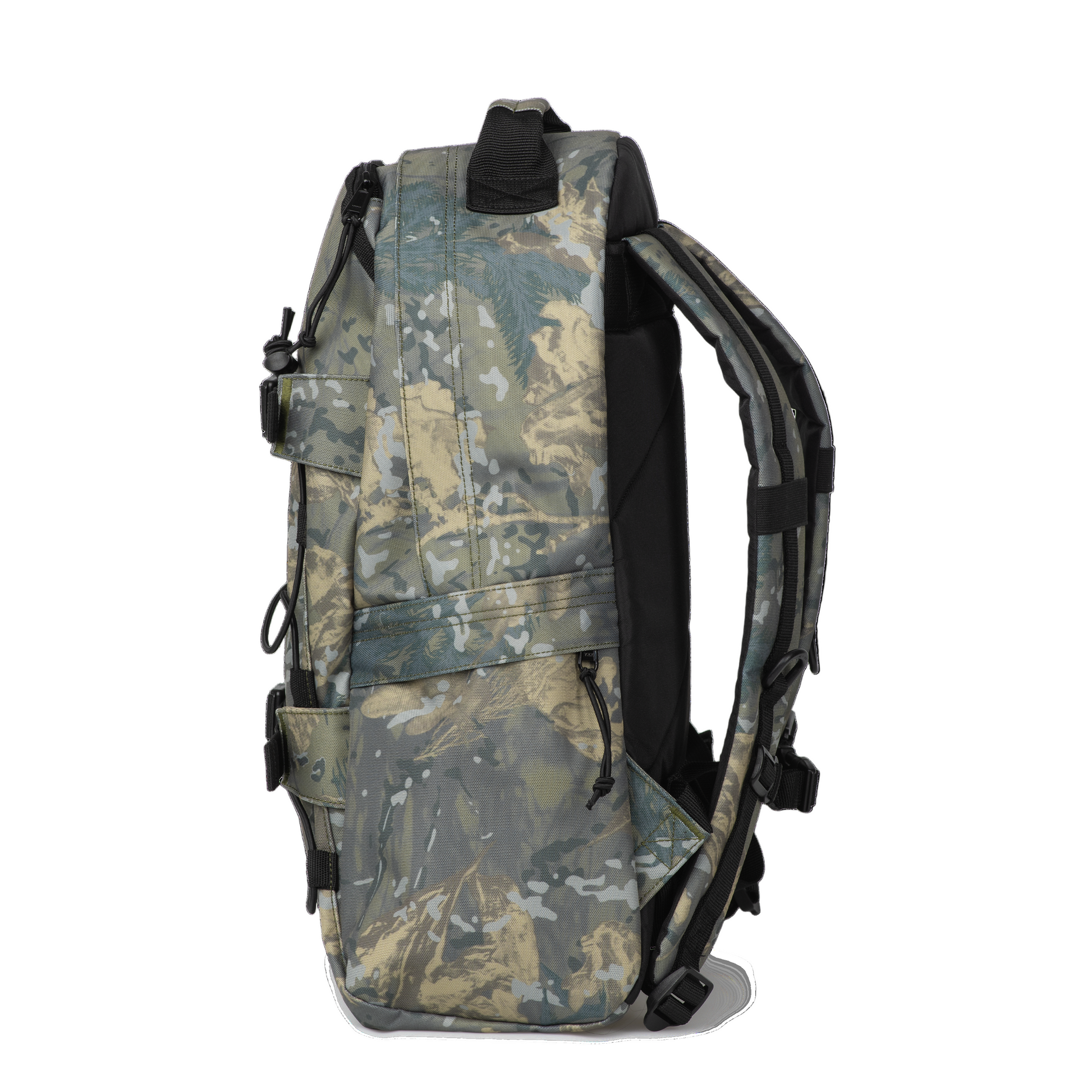 Mochila unissexo Carhartt WIP Kickflip em Camo Combi, Green. Foto de lado.