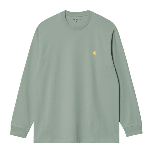 Carhartt WIP Chase Long Sleeve T-Shirt Frosted Green/Gold. Foto da parte da frente.