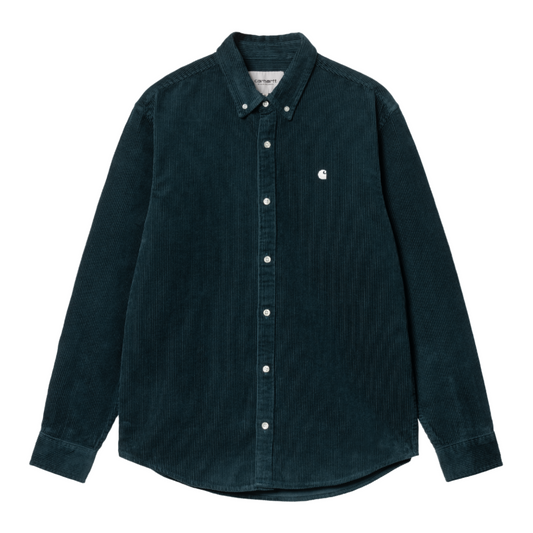 Carhartt WIP Madison Cord Long Sleeve Shirt Duck Blue/Wax. Foto da parte da frente.
