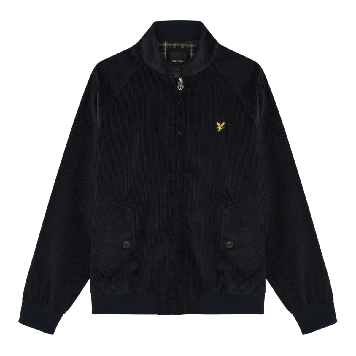Casaco Lyle & Scott Corduroy Harrington Dark Navy de frente, sem modelo, com bolsos de pala e punhos e bainha canelados.