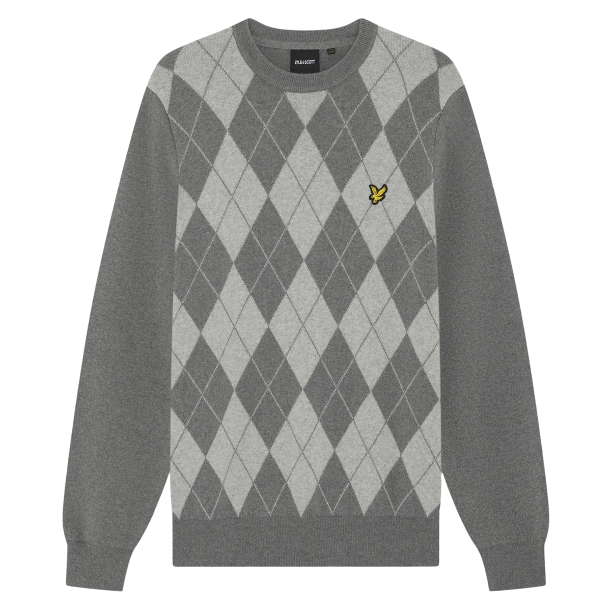 Camisola Lyle & Scott Cotton Merino Argyle de frente, sem modelo, com losangos cinzentos, mangas lisas e águia amarela no peito esquerdo.