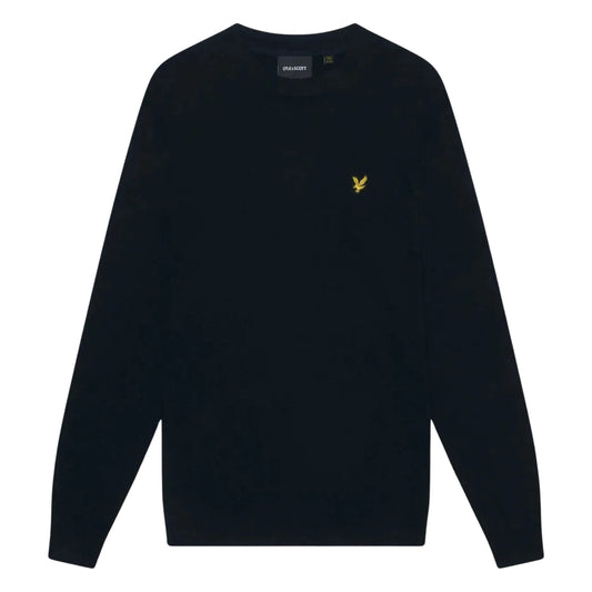 Camisola Lyle & Scott Cotton Merino em Dark Navy de frente, sem modelo, com gola redonda, mangas compridas e águia amarela no peito esquerdo.
