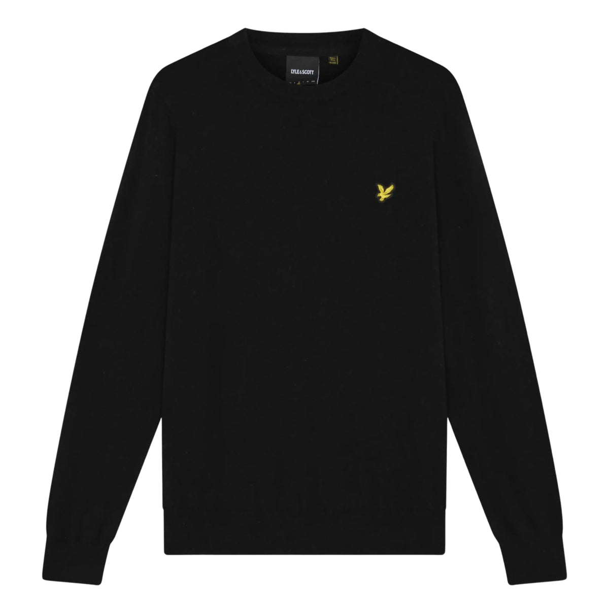 Camisola Lyle & Scott Cotton Merino Jet Black de frente, sem modelo, com mangas compridas e águia amarela no peito esquerdo.