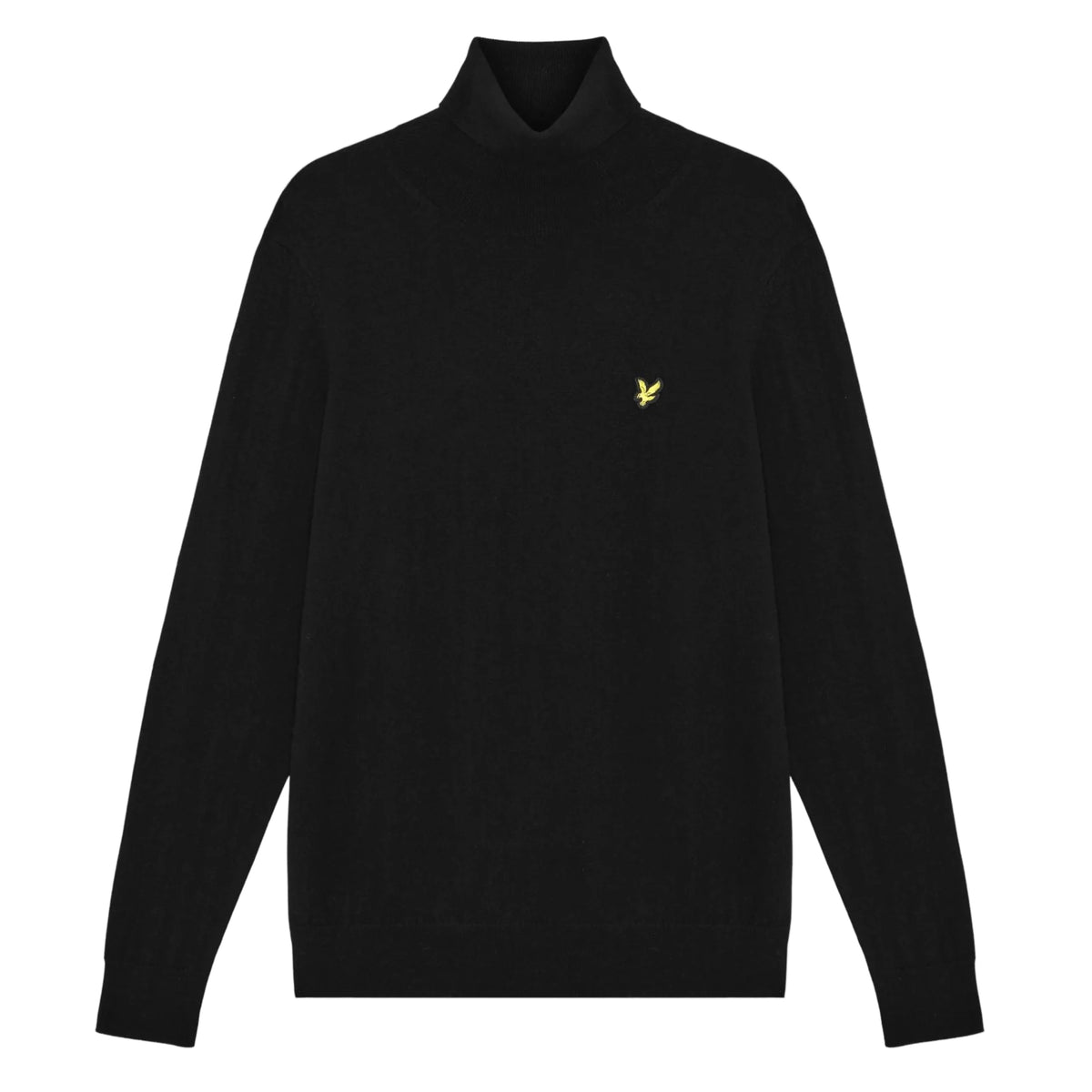 Camisola de gola alta Lyle & Scott Cotton Merino Jet Black de frente, sem modelo, com mangas compridas e logótipo no peito esquerdo.
