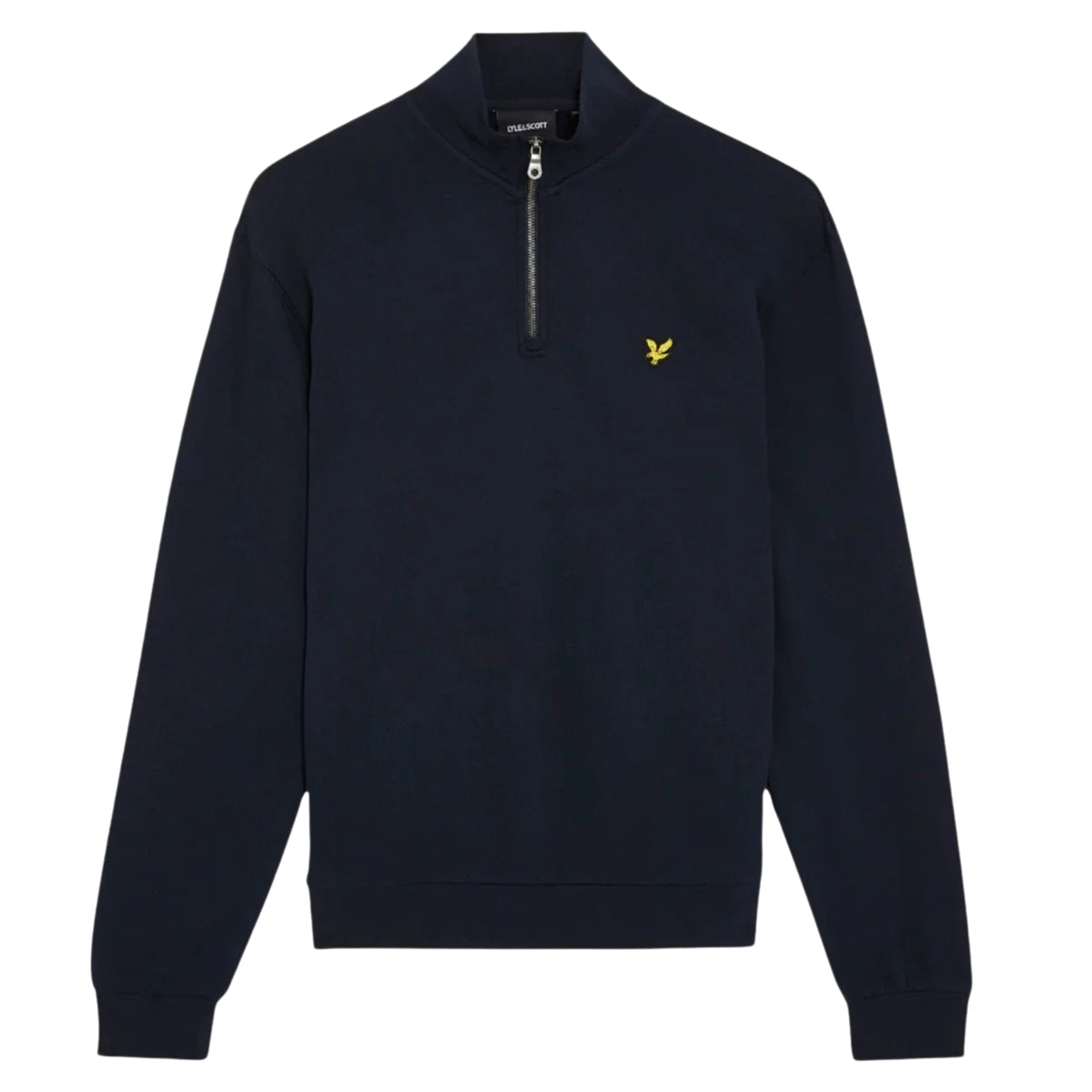 Sweat Lyle & Scott Loopback Dark Navy de frente, sem modelo, com fecho de um quarto, gola subida e águia amarela no peito esquerdo.