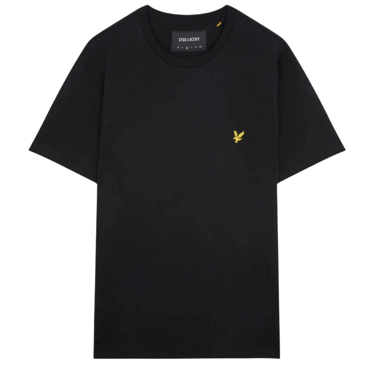 T-shirt de manga curta Lyle & Scott Plain Jet Black de frente, sem modelo, com gola redonda e águia dourada no peito esquerdo.