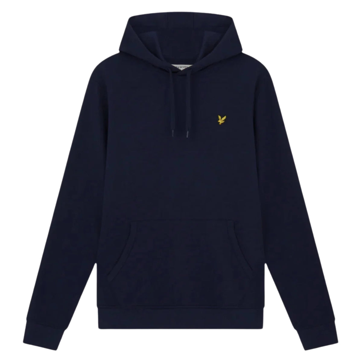 Sweat com capuz Lyle & Scott Pullover Dark Navy de frente, sem modelo, com cordões ajustáveis, bolso canguru e águia amarela no peito esquerdo.