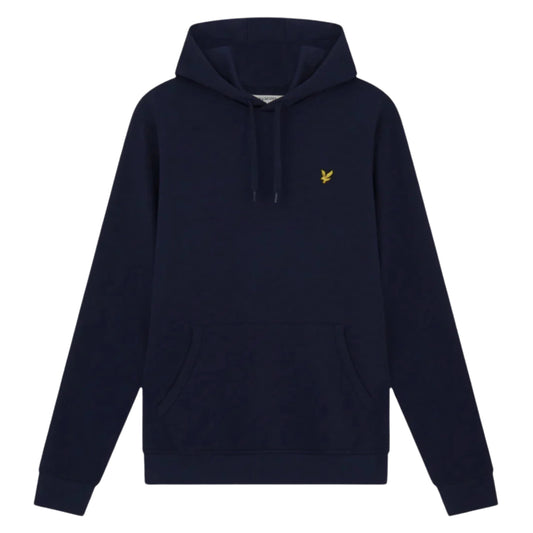 Sweat com capuz Lyle & Scott Pullover Dark Navy de frente, sem modelo, com cordões ajustáveis, bolso canguru e águia amarela no peito esquerdo.