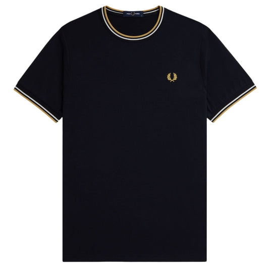 Fred Perry Twin Tipped Short Sleeve T-Shirt Navy/Ecru/Honeycomb. Foto da parte da frente.