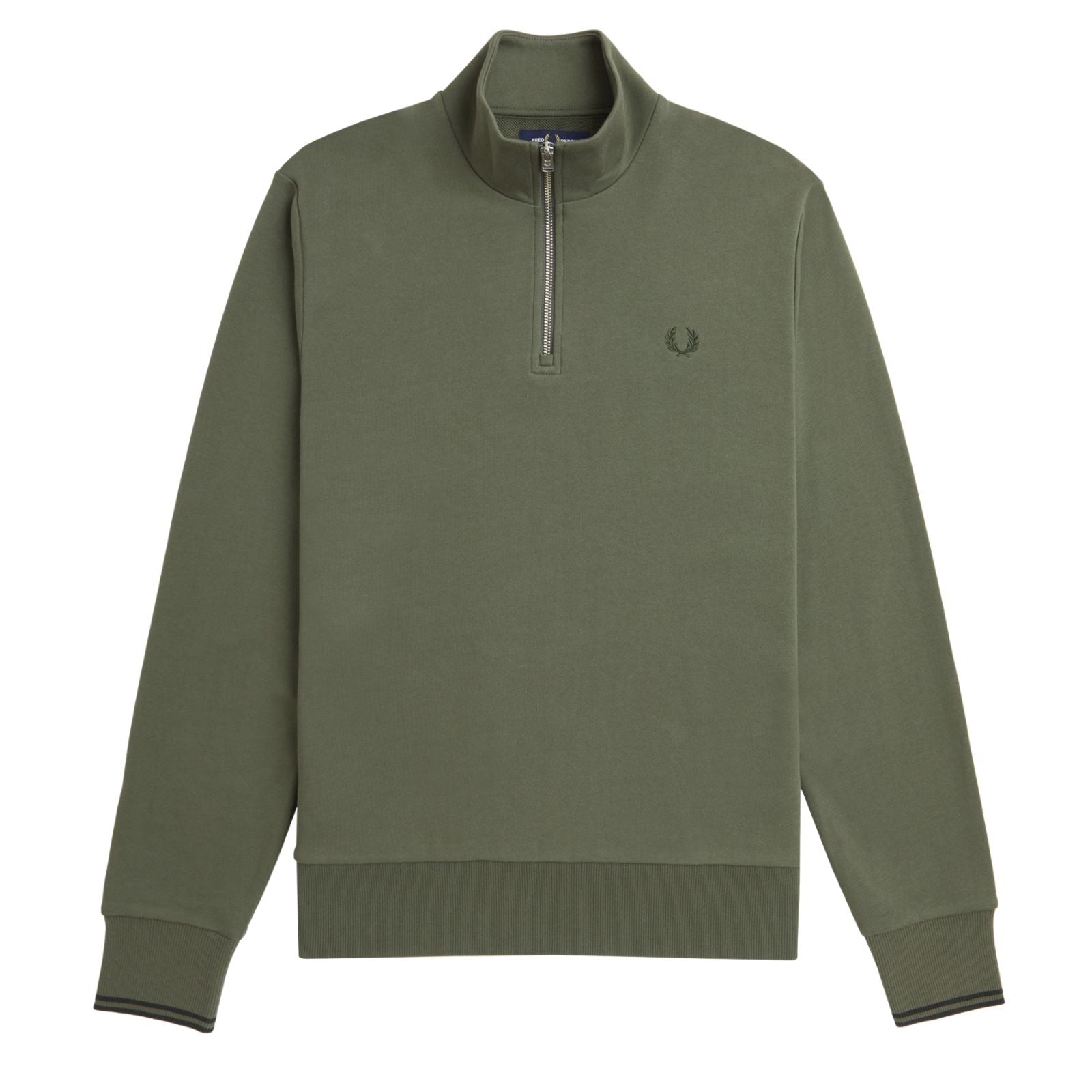 Fred Perry Half Zip Sweatshirt Laurel Wreath Green/Night Green. Foto da parte da frente.