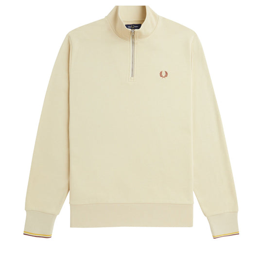 Fred Perry Half Zip Sweatshirt Oatmeal/Whisky Brown. Foto da parte da frente.