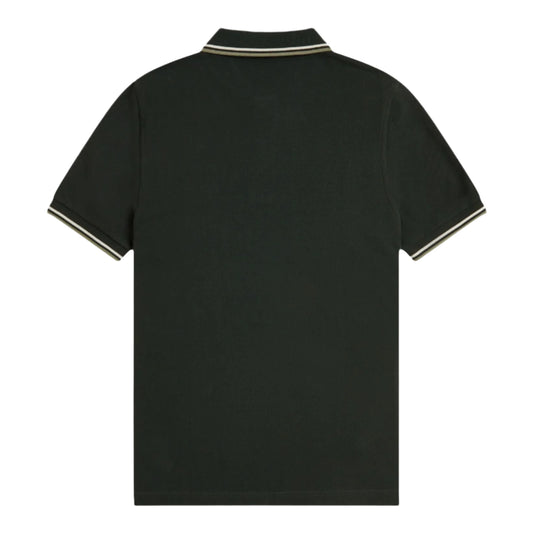Polo de manga curta Fred Perry Twin Tipped Fred Perry Shirt em Night Green/Light Ecru/Olive Mint. Foto da parte de trás.