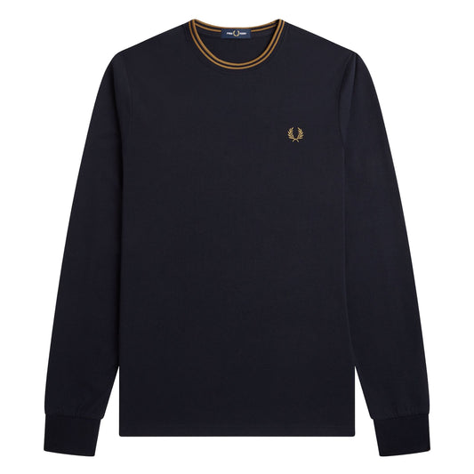 Fred Perry Twin Tipped Longsleeve T-Shirt Navy/Dark Caramel. Foto da parte da frente.