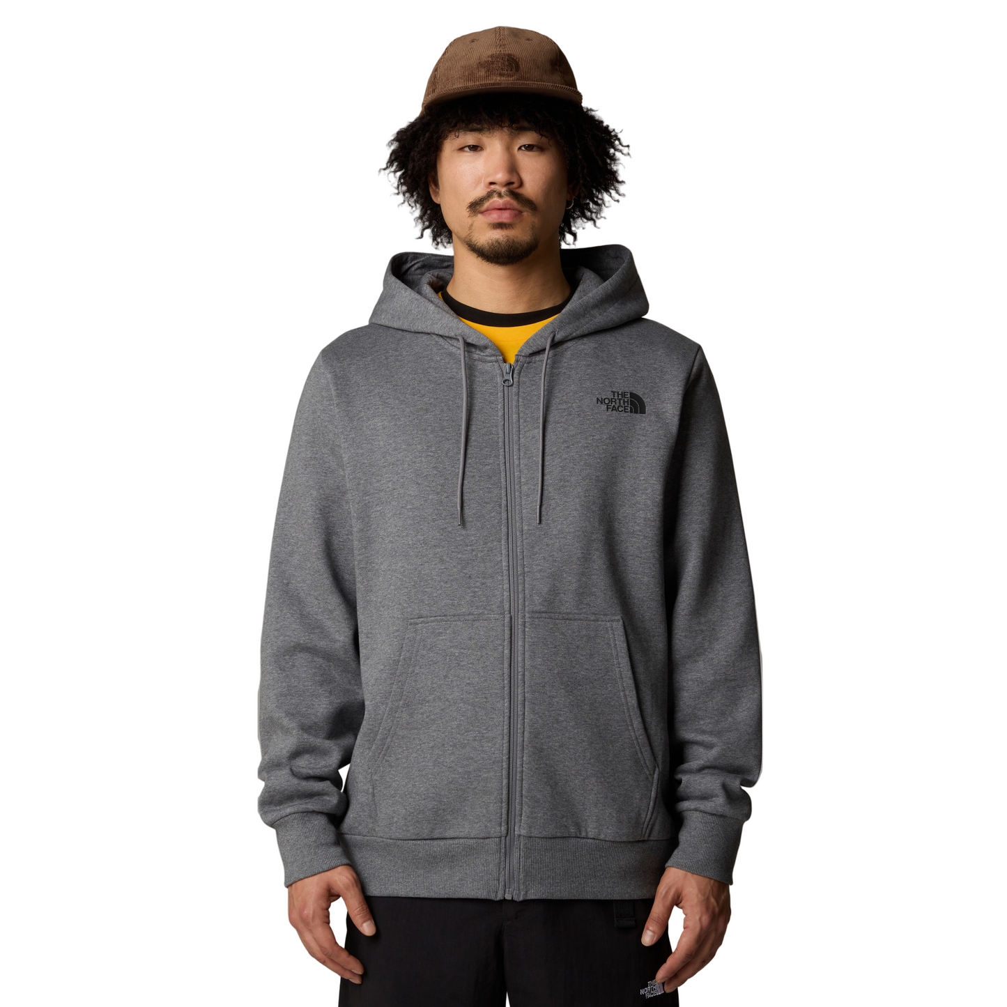 Casaco com carapuço para homem The North Face Simple Dome Full Zip em TNF Medium Grey Heather. Foto da parte da frente vestido e fechado.