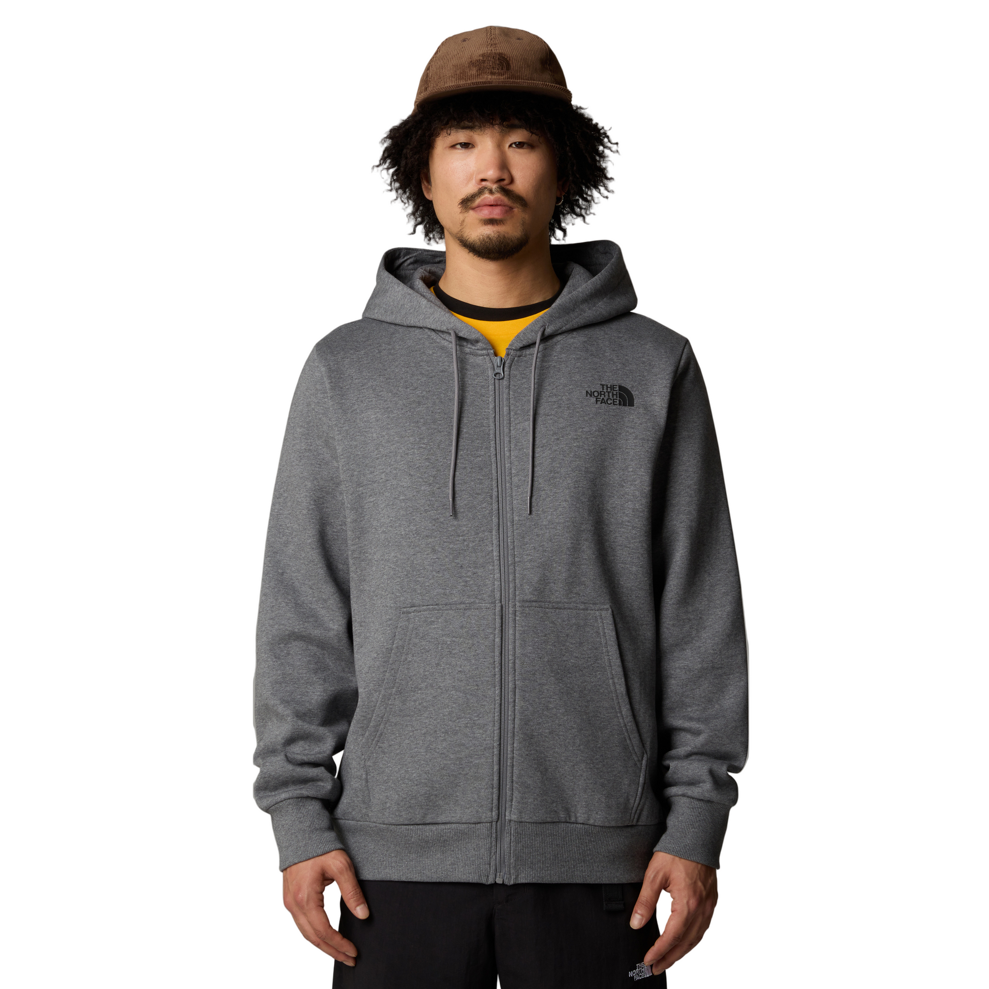 Casaco com carapuço para homem The North Face Simple Dome Full Zip em TNF Medium Grey Heather. Foto da parte da frente vestido e fechado.