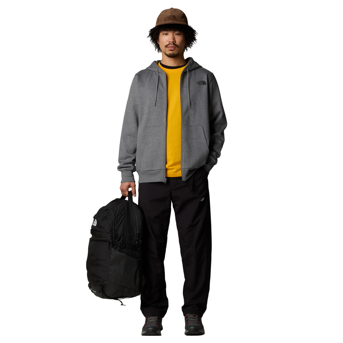 Casaco com carapuço para homem The North Face Simple Dome Full Zip em TNF Medium Grey Heather. Foto da parte da frente vestido e aberto.