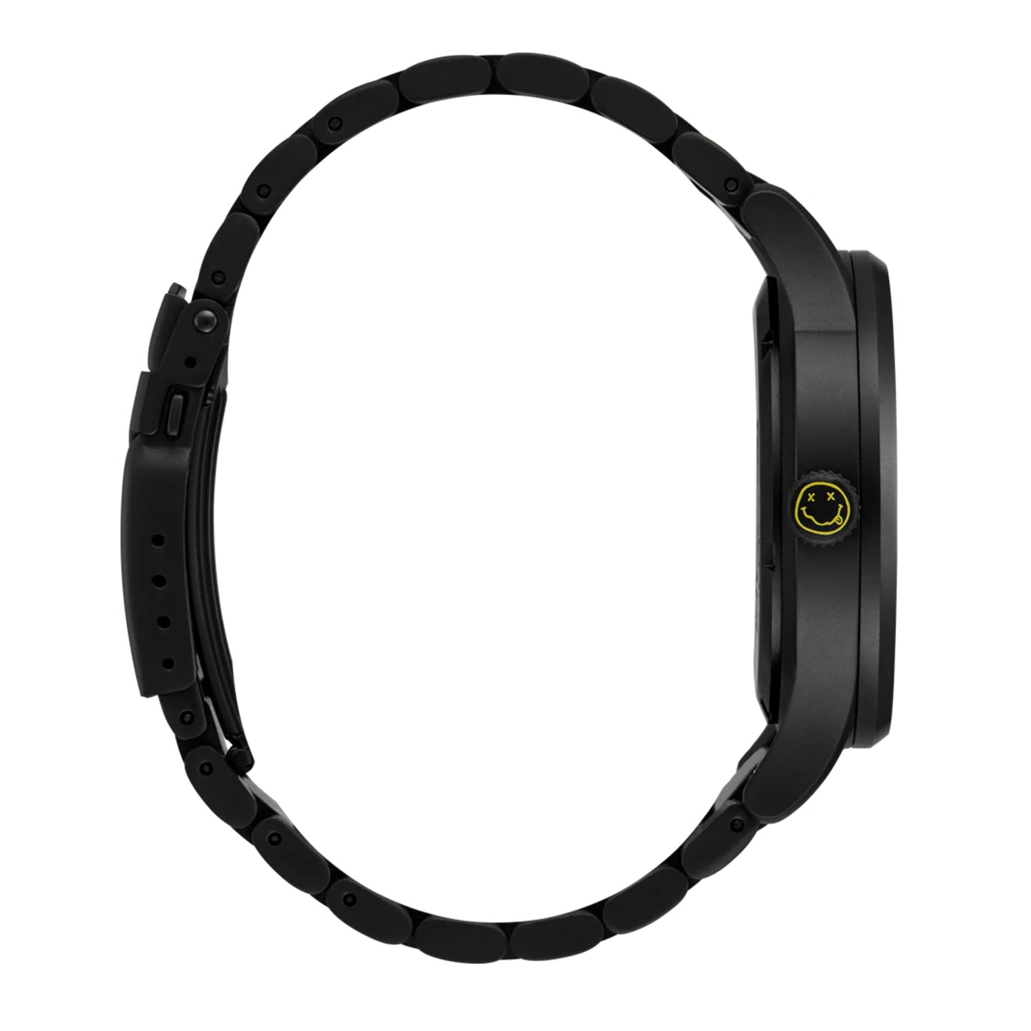 Relógio unissexo Nixon x Nirvana Sentry Wobble em Matte Super Black / Blue. Foto da lateral.