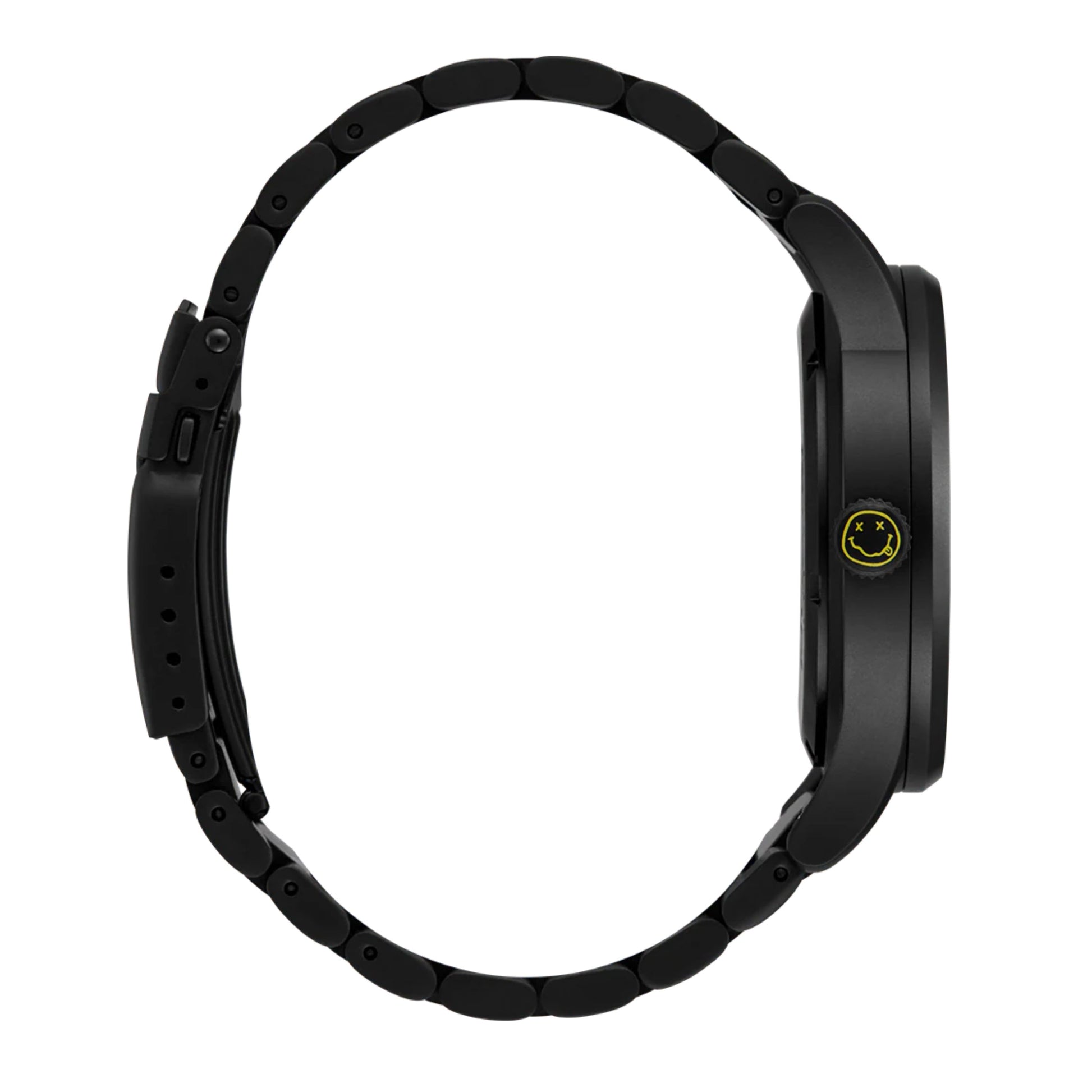 Relógio unissexo Nixon x Nirvana Sentry Wobble em Matte Super Black / Blue. Foto da lateral.