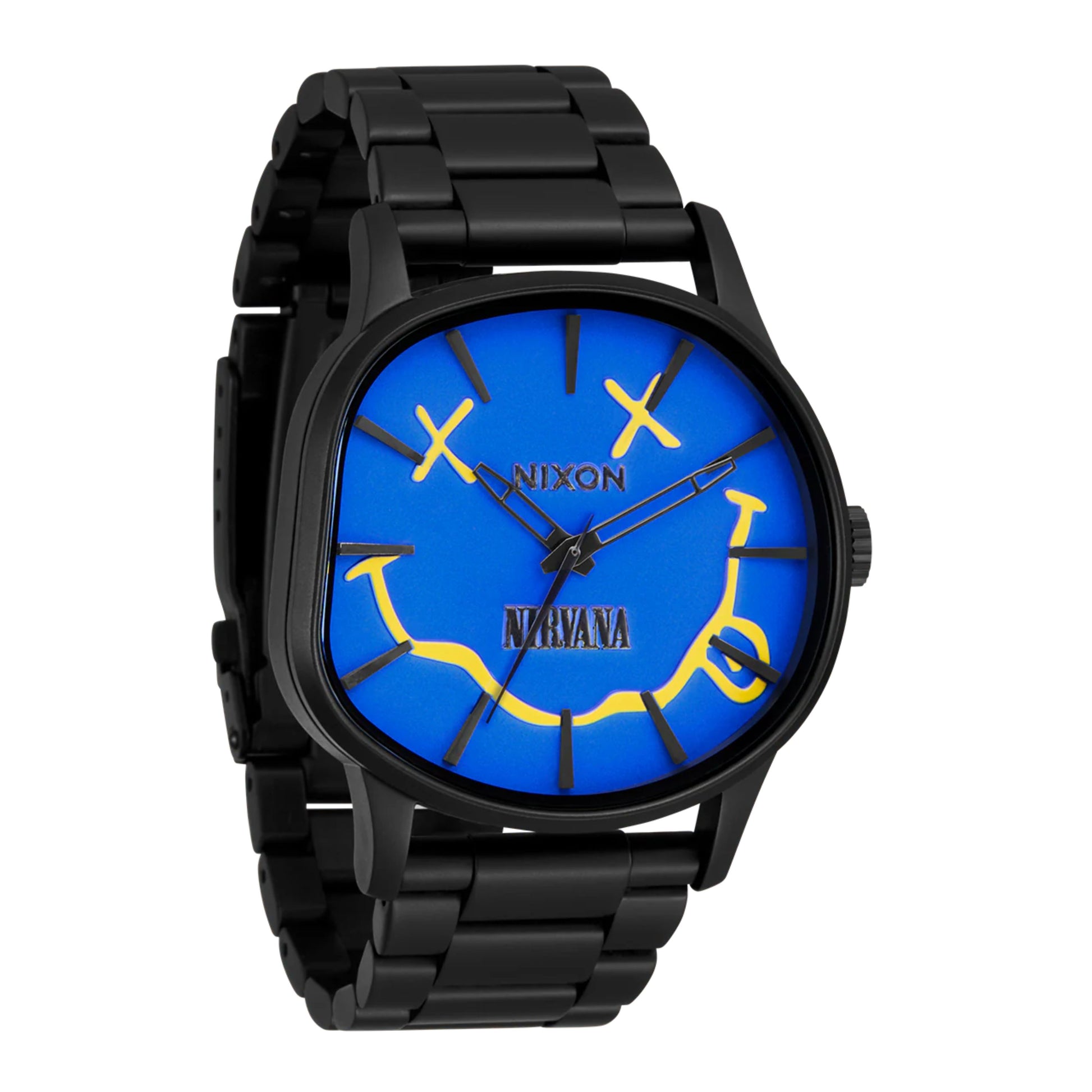 Relógio unissexo Nixon x Nirvana Sentry Wobble em Matte Super Black / Blue. Foto da parte da frente a 3/4.