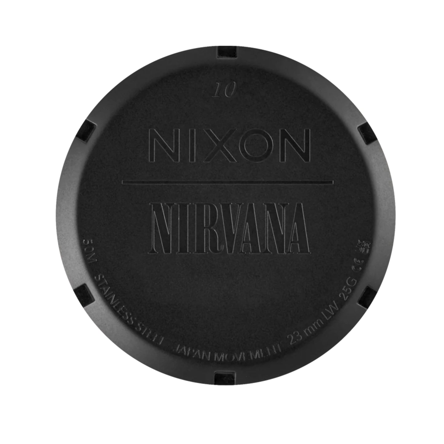 Relógio unissexo Nixon x Nirvana Sentry Wobble em Matte Super Black / Blue. Foto da tampa traseira.