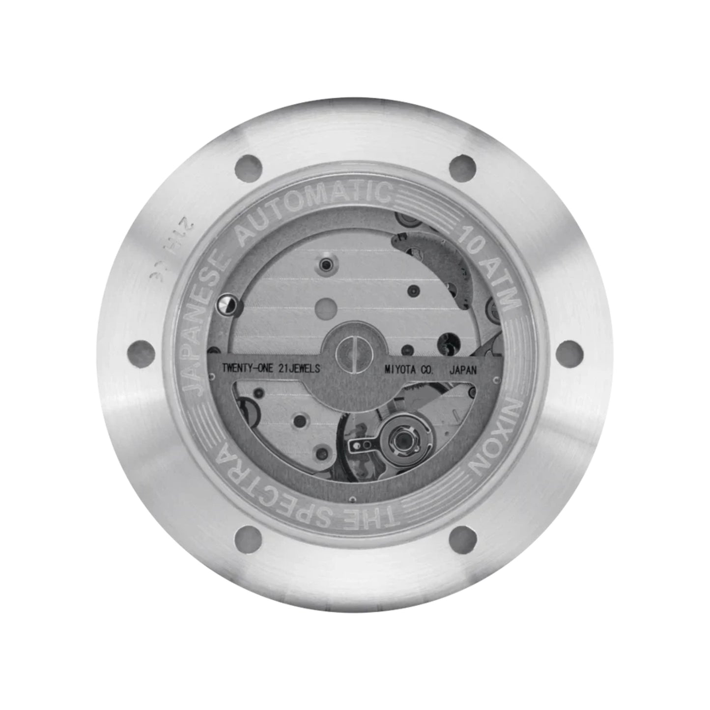 Relógio mecânico para homem Nixon Spectra Azul Marinho Sunray/Prateado. Foto da tampa traseira da caixa.